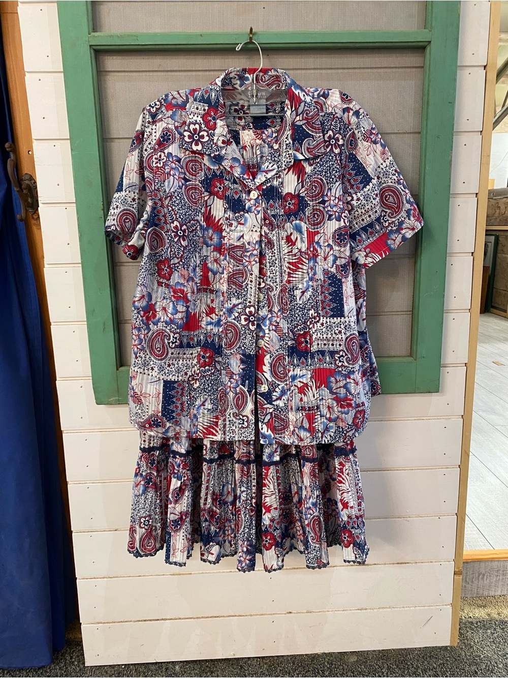 Women’s Red & Blue Patchwork Print Short Sleeve Blouse - XL and Skirt - Size 10